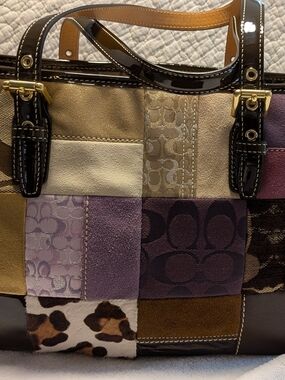 Coach Patchwork Patent-Trim Tote in Purple and Brown